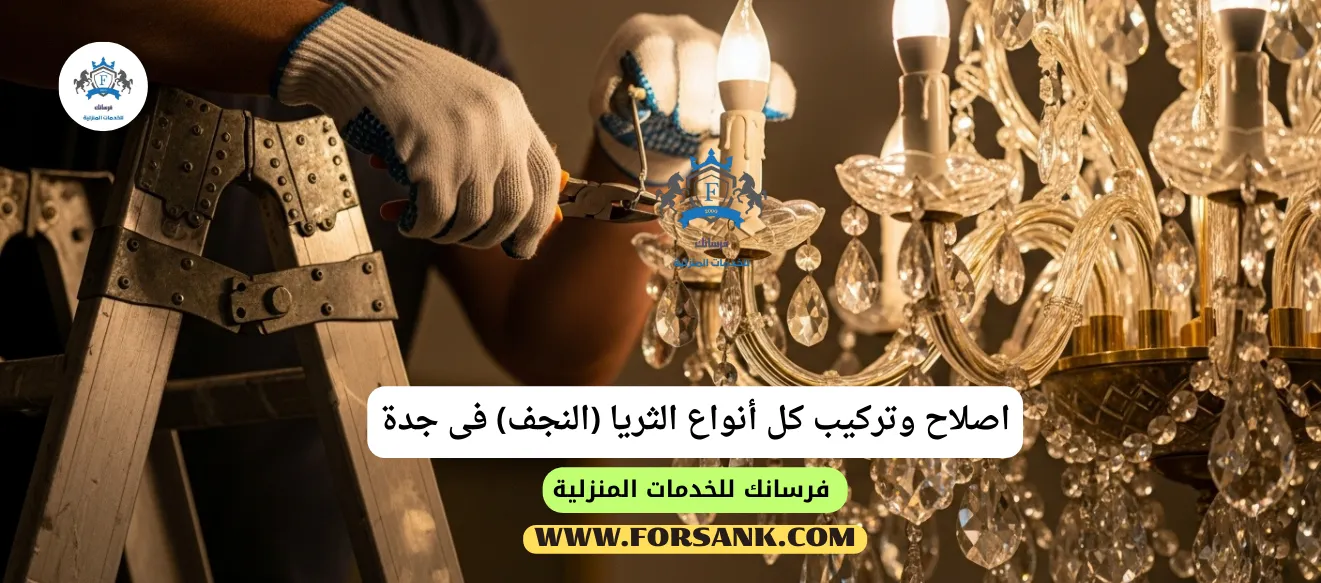 فني متخصص من فرسانك يقوم بتركيب ثريا كريستال فاخرة بحرص ودقة في جدة
